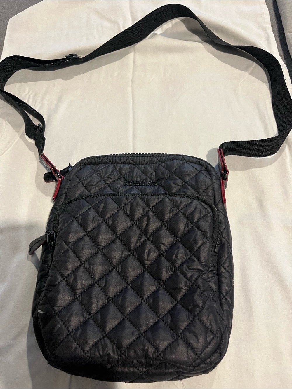 MZ Wallace Black Quilted Crossbody Bag with Red Hardware